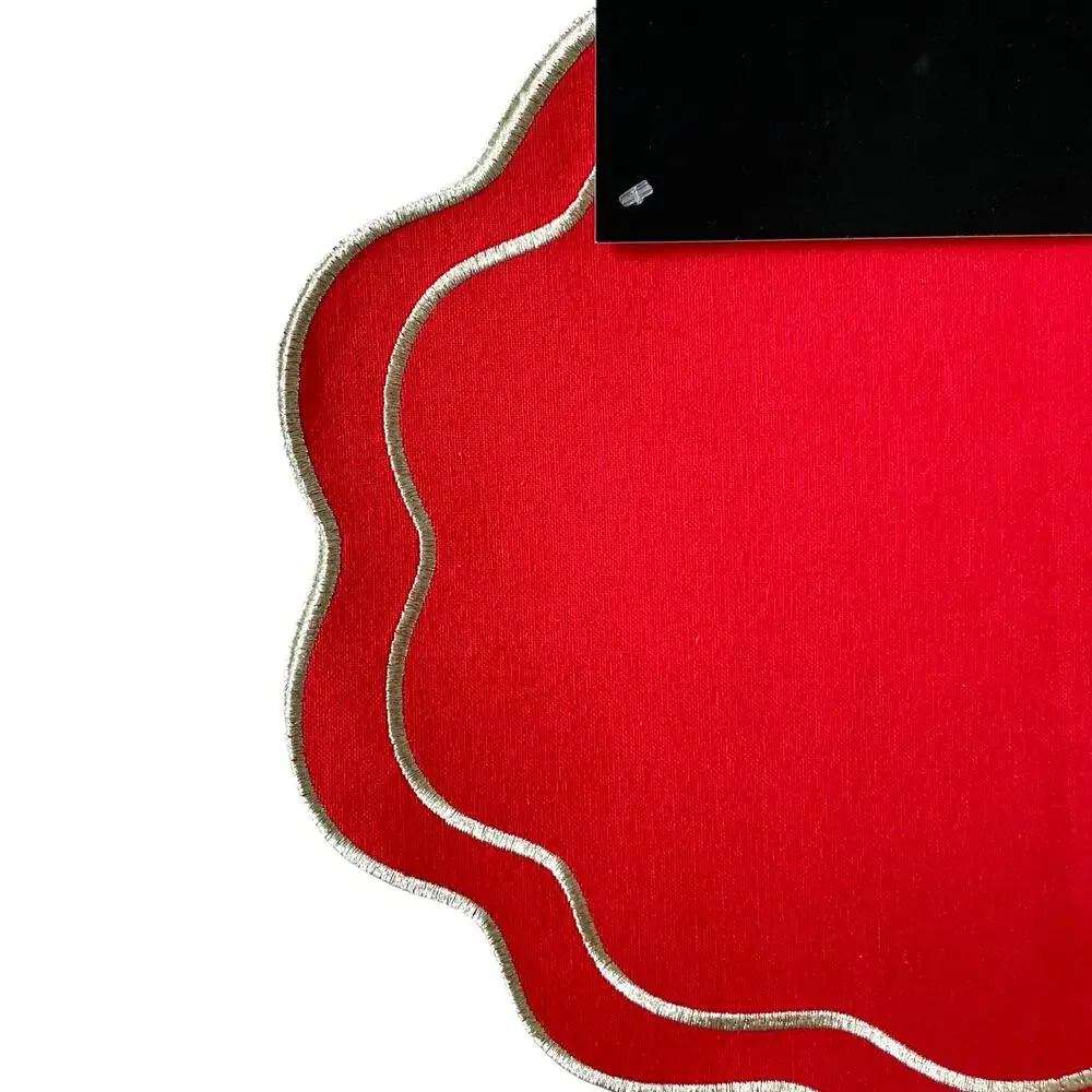 Max Studio Embroidered Cotton Placemats 13x19 Red & Gold Scalloped Set of 4 NEW